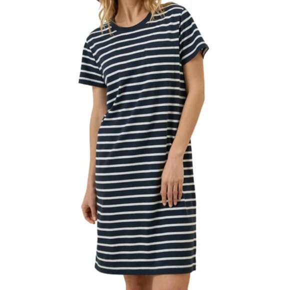 Pact Organic Softspun Striped Tee Dress Navy White Stripe - Small - Picture 1 of 6